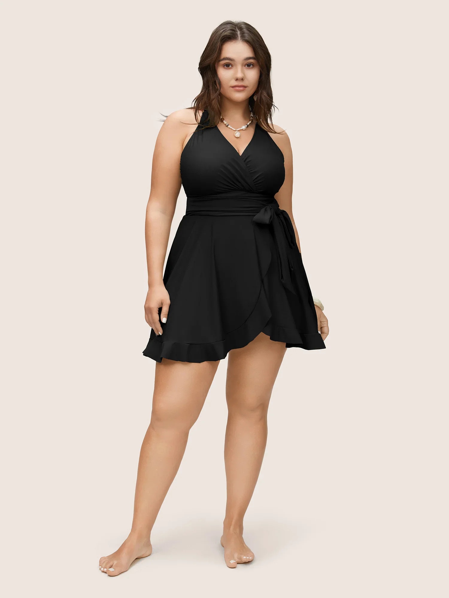 Plus Size One Piece Swimsuit Sleeveless V-Neck Bandage Cover Up Swim Dress